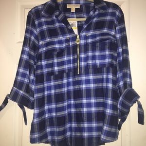 Blue Michael Kors flannel top with gold zipper